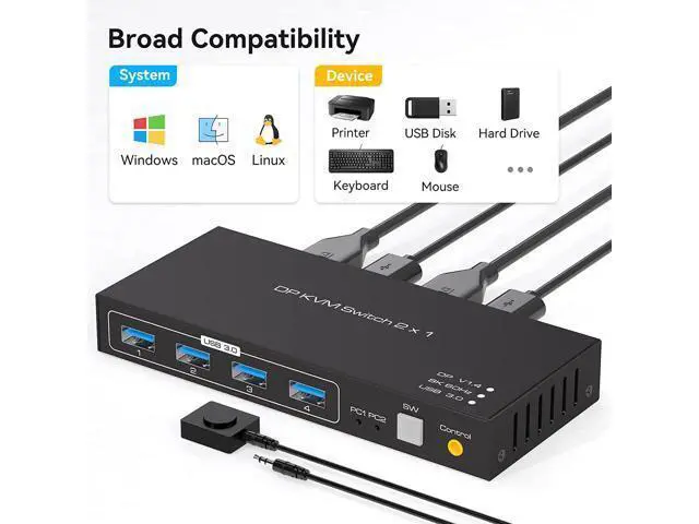 Alt view image 6 of 7 - 2 Port Displayport KVM Switch 2 in 1 Out, Support 4K @120HZ 8K @60HZ DP 1.4 USB 3.0 KVM Switcher for 2 Computers Share Keyboard Mouse Printer with 4x USB 3.0 Includes Desktop Control and 2 USB Cables