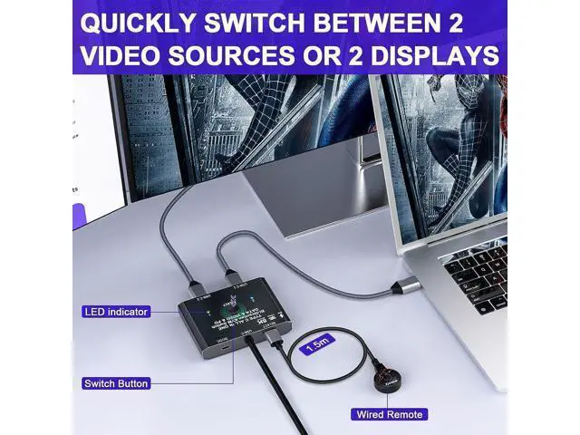 Alt view image 4 of 7 - USB C Switch 2 in 1 Out / 1 in 2 Out, Bi-Directional USB C Switcher 2 Computers, USB C KVM Switch Support 8K @30Hz 4K @120Hz Video,10Gbps Data Transfer,2 USB-C Cables and Wired Controller Included