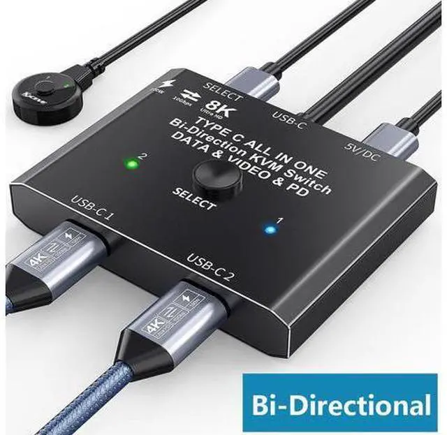 Main image of USB C Switch 2 in 1 Out / 1 in 2 Out, Bi-Directional USB C Switcher 2 Computers, USB C KVM Switch Support 8K @30Hz 4K @120Hz Video,10Gbps Data Transfer,2 USB-C Cables and Wired Controller Included