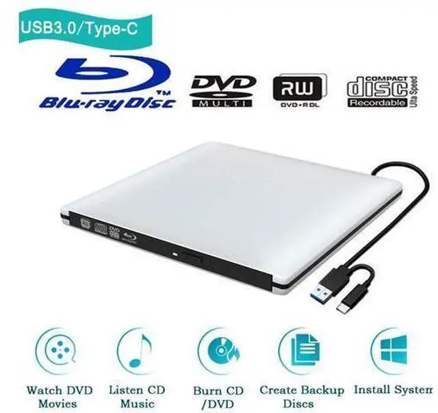Main image of Aluminum External 3D Blu Ray CD DVD Optical Drive, USB 3.0 Type-C Blu-ray CD/DVD+/-RW Burner Player Writer Reader Rewriter, External CD/DVD Drive for Laptop Desktop with Windows XP/7/8/10 Mac OS