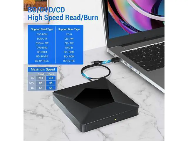 Alt view image 3 of 7 - External Bluray CD DVD Drive, Ultra Slim USB 3.0 and Type-C Portable Portable Slim CD DVD +/-RW Drive Player Burner, Blu-ray CD DVD Burner 3D Optical Blu-ray CD DVD Drive for Windows XP/7/8/10, MacOS
