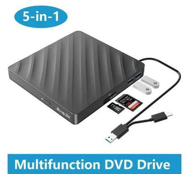 Main image of 5 in 1 External Blu-ray CD DVD Drive, USB 3.0 Type-C Slim Optical Drive External Bluray DVD Burner with SD/TF Card Reader 2 USB 3.0 Hubs Compatible with Windows XP/7/8/10 MacOS Laptop and Desktop