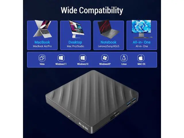 Alt view image 4 of 7 - 5 in 1 External Blu-ray CD DVD Drive, USB 3.0 Type-C Slim Optical Drive External Bluray DVD Burner with SD/TF Card Reader 2 USB 3.0 Hubs Compatible with Windows XP/7/8/10 MacOS Laptop and Desktop