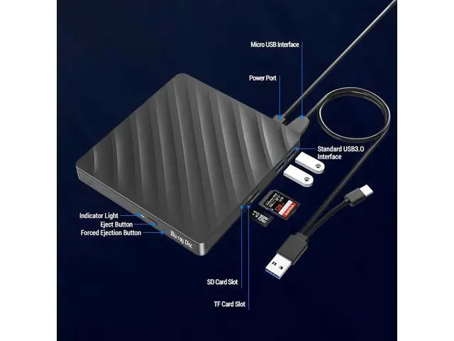 Alt view image 5 of 7 - 5 in 1 External Blu-ray CD DVD Drive, USB 3.0 Type-C Slim Optical Drive External Bluray DVD Burner with SD/TF Card Reader 2 USB 3.0 Hubs Compatible with Windows XP/7/8/10 MacOS Laptop and Desktop