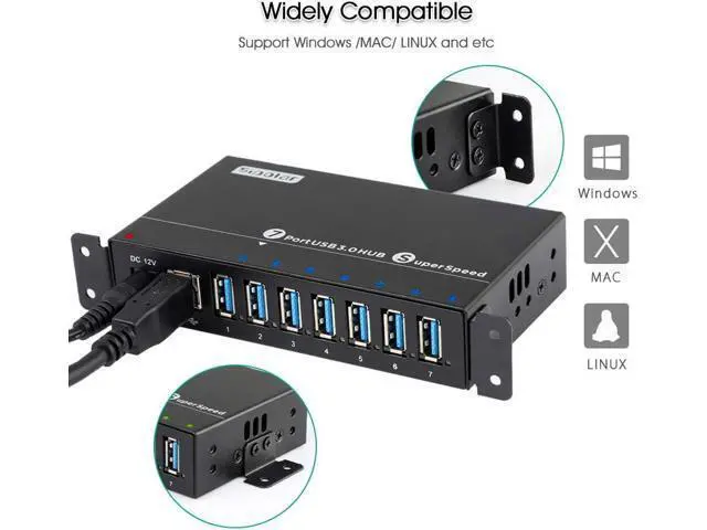 Alt view image 6 of 7 - Powered USB Hub, 7-Port USB 3.0 Hub with LED Indicator Multiport USB Spilitter with 12V/3A/36W Power Adapter- Up to 5Gbps Sync & High-Speed Data Transfer - Mounting Brackets for Phone MB Laptop Tablet