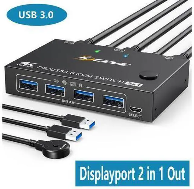 Main image of USB 3.0 KVM Switch Displayport 8K@30Hz 4K@120Hz, 2 Port Displayport KVM Switch 2 PC 1 Monitor Support DP1.4 Compatible with D1.2, DP KVM Switch 2 in 1 Out Includes 2 USB3.0 Cables and Wired Controller