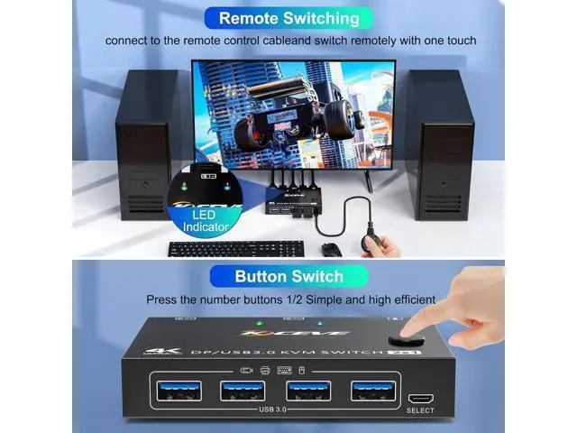 Alt view image 6 of 7 - USB 3.0 KVM Switch Displayport 8K@30Hz 4K@120Hz, 2 Port Displayport KVM Switch 2 PC 1 Monitor Support DP1.4 Compatible with D1.2, DP KVM Switch 2 in 1 Out Includes 2 USB3.0 Cables and Wired Controller