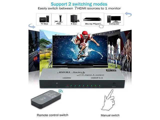 Alt view image 4 of 7 - HDMI 2.0 Switch 7 in 1 Out - 4K @60Hz HDMI Selector Switch with Remote,18Gbps HDMI 2.0 HDR HDCP 3D, Support 4K@60Hz 2160p 1080p Premium Quality Auto Switcher Hub for PS4/5 Xbox,TV, Nintendo