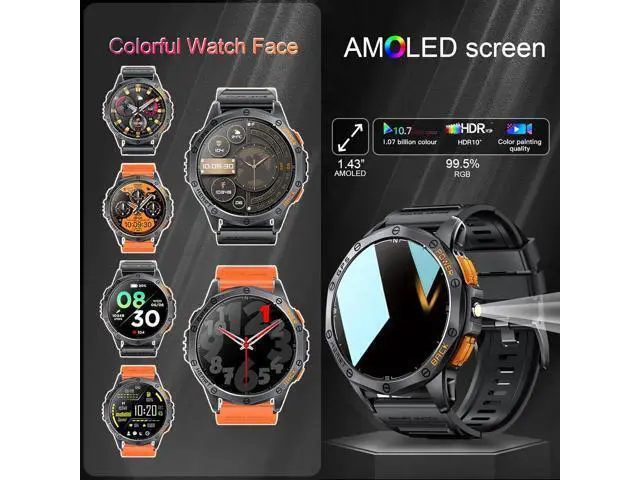 Alt view image 4 of 7 - Hitoor Military Smart Watches Built-in GPS, 170+ Sport Modes Fitness Smart Watch for Men with Flashlight, Smartwatch for Android Phones and iPhone, 1.43" AMOLED Screen Bluetooth Call Compass Altimeter