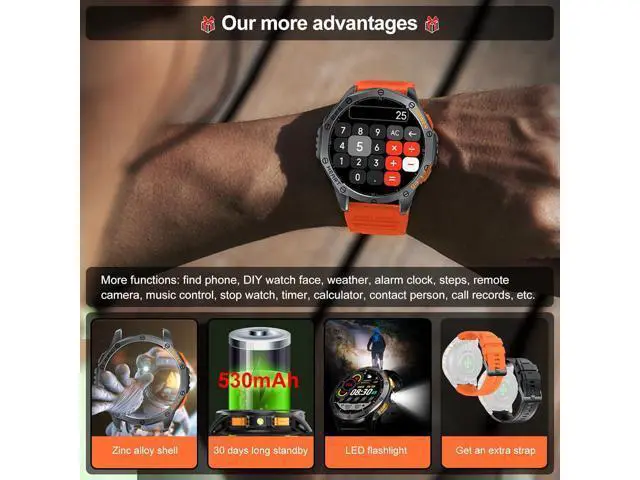 Alt view image 6 of 7 - Hitoor Military Smart Watches Built-in GPS, 170+ Sport Modes Fitness Smart Watch for Men with Flashlight, Smartwatch for Android Phones and iPhone, 1.43" AMOLED Screen Bluetooth Call Compass Altimeter