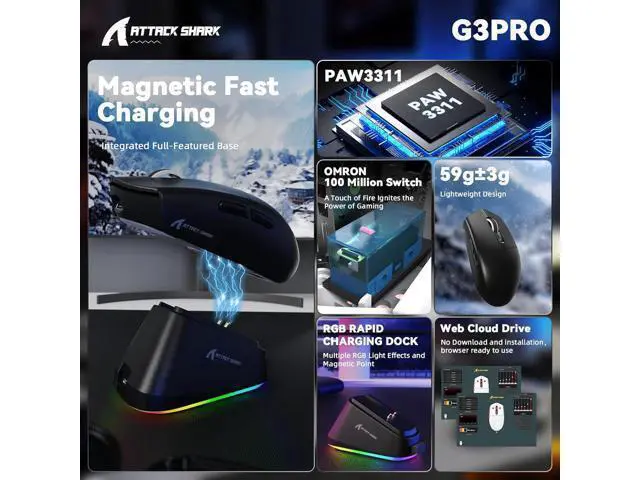 Alt view image 7 of 7 - Hitoor Wireless Gaming Mouse with Magnetic Charging Dock, PixArt PAW3311 Sensor, Tri-Mode Wireless Mouse, BT/2.4G Wireless/Wired Gaming Mouse, 25000 DPI,59g Superlight Gamer Mice for PC/Win/Mac(Black)