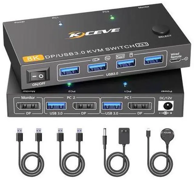 Main image of Hitoor 2 in 1 Out DisplayPort KVM Switch 2 Computers 1 Monitor, 8K@60Hz/4K@240Hz 2 Ports DP KVM Switch for 2 PC 1 Monitor to Share Mouse,Keyboard,2 USB 3.0 Cables and Wired Controller Included