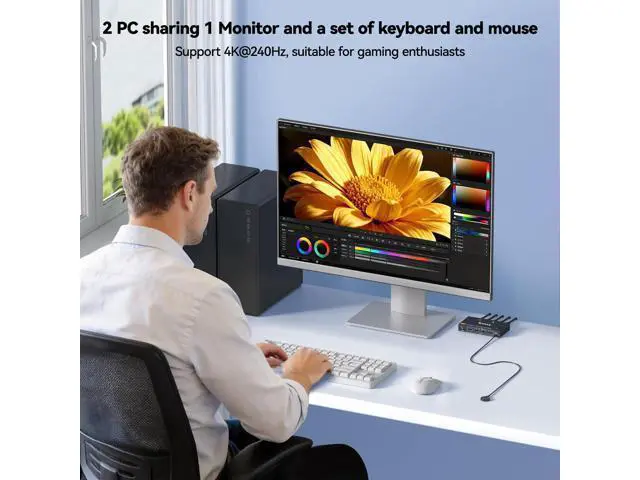 Alt view image 3 of 7 - Hitoor 2 in 1 Out DisplayPort KVM Switch 2 Computers 1 Monitor, 8K@60Hz/4K@240Hz 2 Ports DP KVM Switch for 2 PC 1 Monitor to Share Mouse,Keyboard,2 USB 3.0 Cables and Wired Controller Included