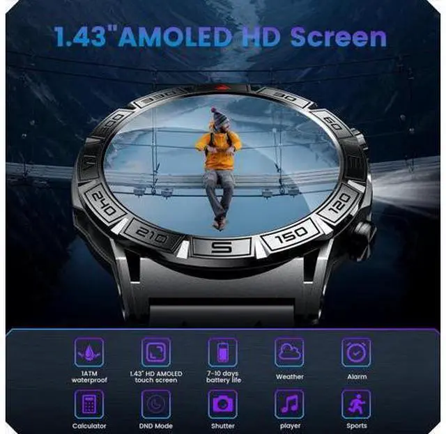 Alt view image 3 of 7 - Hitoor Smartwatch for IOS Android Phone Watch: Smart Watch Answer/Make Call with Heart Rate Blood Pressure Pedometer Compass Barometer Sport Fitness Tracker 1.43" AMOLED Waterproof Outdoor Men's Watch
