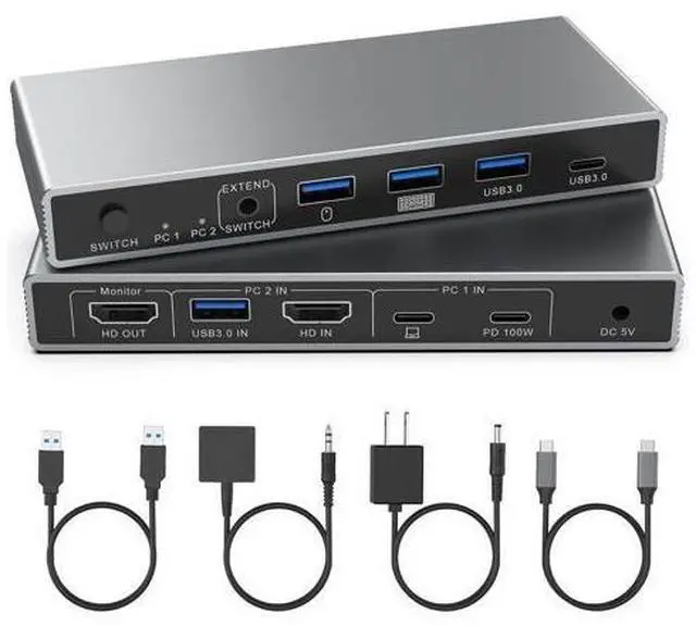 Main image of Hitoor USB-C + HDMI KVM Switch 2 in 1 Out with 3 USB A+1 USB C 3.0 Ports, 4K@60Hz Aluminum HDMI KVM Switch for 1 Laptop & 1 Desktop Share 1 Monitor Keyboard Mouse Printer, with USB Cables/Controller