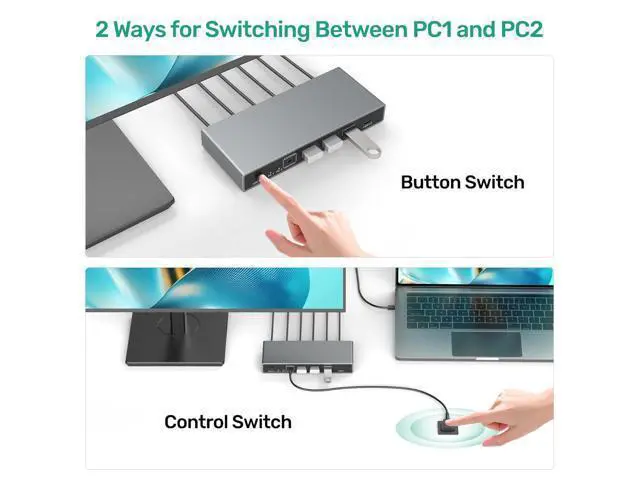Alt view image 6 of 7 - Hitoor USB-C + HDMI KVM Switch 2 in 1 Out with 3 USB A+1 USB C 3.0 Ports, 4K@60Hz Aluminum HDMI KVM Switch for 1 Laptop & 1 Desktop Share 1 Monitor Keyboard Mouse Printer, with USB Cables/Controller