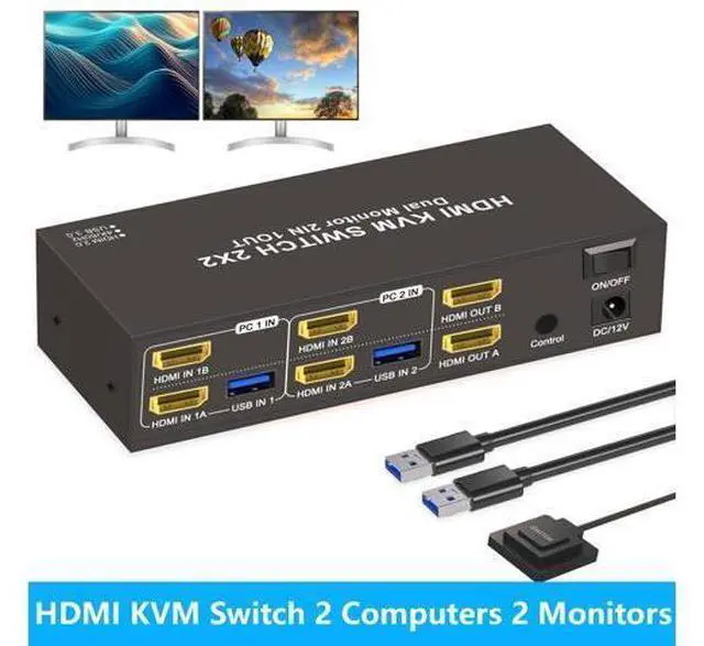 Main image of Hitoor HDMI KVM Switch 2 Computers 2 Monitors, Dual Monitor HDMI KVM Switch 2 in 2 Out, 4K 60Hz, Dual HDMI Outputs with 4 USB 3.0 Ports to Share Keyboard Mouse Printer etc, Supports Extended/Copy Mode