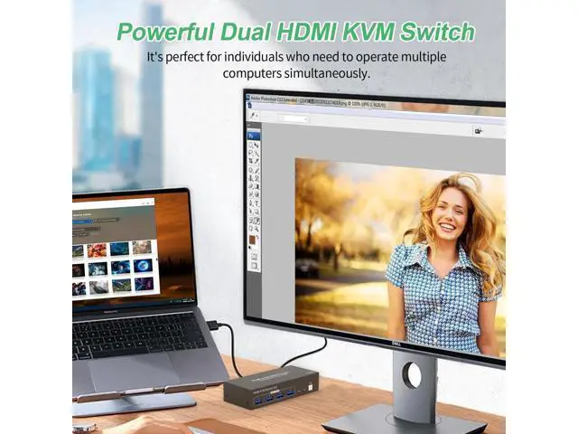 Alt view image 2 of 7 - Hitoor HDMI KVM Switch 2 Computers 2 Monitors, Dual Monitor HDMI KVM Switch 2 in 2 Out, 4K 60Hz, Dual HDMI Outputs with 4 USB 3.0 Ports to Share Keyboard Mouse Printer etc, Supports Extended/Copy Mode