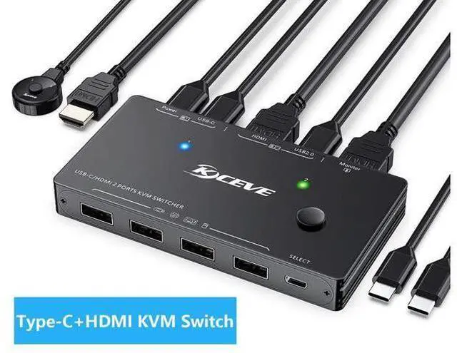 Main image of USB Type-C + HDMI KVM Switch 4K@60Hz, USB C KVM Switch for 2 Computers Share 1 Monitor and 4 USB Devices, Compatible with Thunderbolt 3, with 100 W Power Delivery, Wired Remote and 3 Cables Included