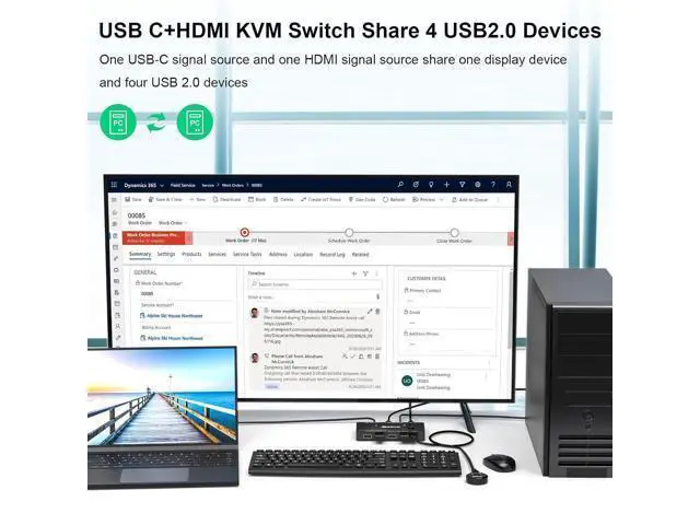 Alt view image 4 of 7 - USB Type-C + HDMI KVM Switch 4K@60Hz, USB C KVM Switch for 2 Computers Share 1 Monitor and 4 USB Devices, Compatible with Thunderbolt 3, with 100 W Power Delivery, Wired Remote and 3 Cables Included