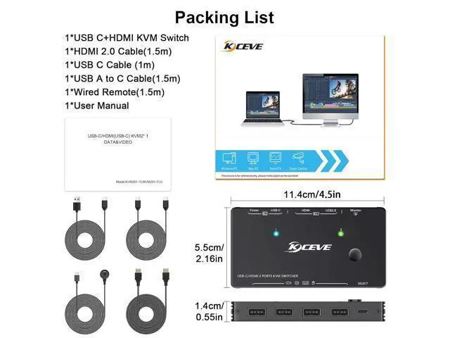 Alt view image 7 of 7 - USB Type-C + HDMI KVM Switch 4K@60Hz, USB C KVM Switch for 2 Computers Share 1 Monitor and 4 USB Devices, Compatible with Thunderbolt 3, with 100 W Power Delivery, Wired Remote and 3 Cables Included