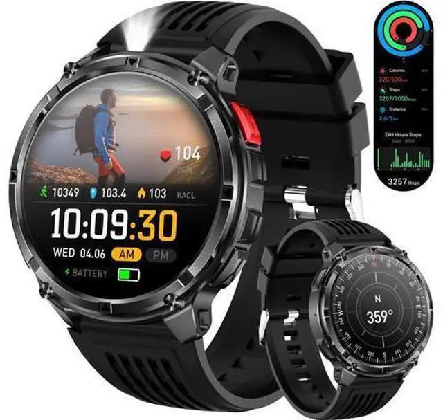 Main image of Hitoor Mens Smart Watch for iPhone & Android Phones, Military Sport Smart Watches for Men Fitness Tracker Watch with Flashlight/Compass/Waterproof/100 Days Battery/Heart Rate/Sleep/100+ Sport Modes