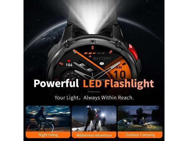 Alt view image 4 of 7 - Hitoor Mens Smart Watch for iPhone & Android Phones, Military Sport Smart Watches for Men Fitness Tracker Watch with Flashlight/Compass/Waterproof/100 Days Battery/Heart Rate/Sleep/100+ Sport Modes