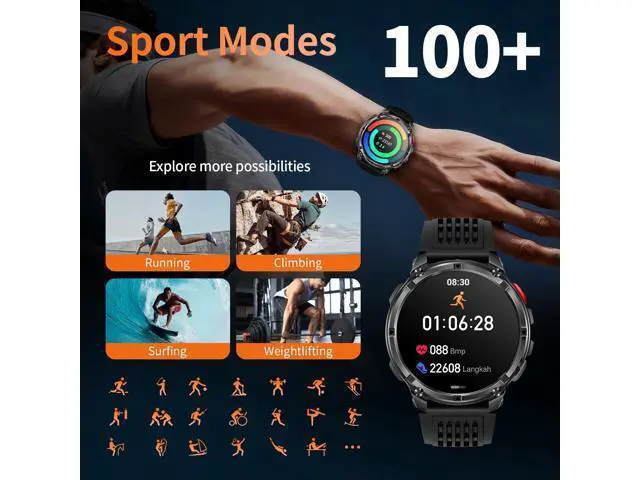 Alt view image 6 of 7 - Hitoor Mens Smart Watch for iPhone & Android Phones, Military Sport Smart Watches for Men Fitness Tracker Watch with Flashlight/Compass/Waterproof/100 Days Battery/Heart Rate/Sleep/100+ Sport Modes
