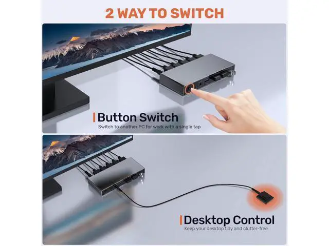 Alt view image 4 of 7 - Hitoor DP 1.4 KVM SwitchTwo Computers Sharing One Monitor,Two Mode Switching,8K 60Hz Ultra HD, Displayport KVM Switch with 4 USB A 5Gbps for Keyboards,Mouse, with Desktop Controller & DC 5V Adapter