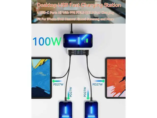 Alt view image 2 of 7 - Hitoor 100W 8-Port Type C PD & USB Charging Station for Multiple Devices with 4 USB QC 3.0 + 4 USB C PD Ports, Wireless Charger, Multi Port USB PD Fast Charging Hub for i-Phone, Android Cellphones..