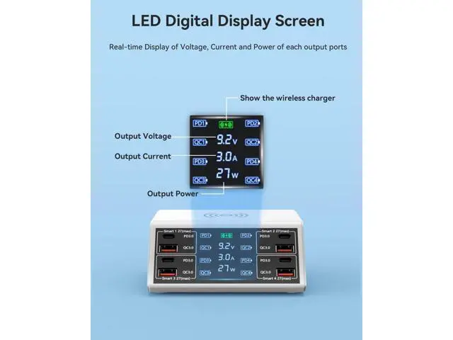 Alt view image 3 of 7 - Hitoor 100W 8-Port Type C PD & USB Charging Station for Multiple Devices with 4 USB QC 3.0 + 4 USB C PD Ports, Wireless Charger, Multi Port USB PD Fast Charging Hub for i-Phone, Android Cellphones..