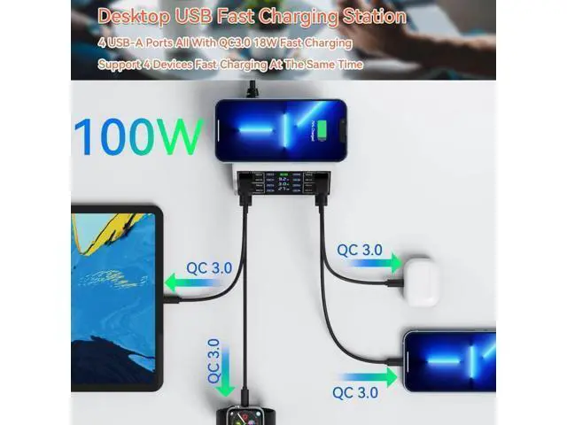 Alt view image 5 of 7 - Hitoor 100W 8-Port Type C PD & USB Charging Station for Multiple Devices with 4 USB QC 3.0 + 4 USB C PD Ports, Wireless Charger, Multi Port USB PD Fast Charging Hub for i-Phone, Android Cellphones..