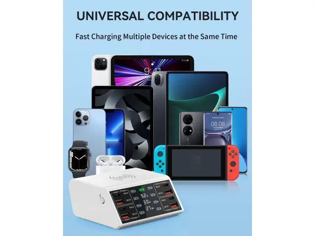 Alt view image 7 of 7 - Hitoor 100W 8-Port Type C PD & USB Charging Station for Multiple Devices with 4 USB QC 3.0 + 4 USB C PD Ports, Wireless Charger, Multi Port USB PD Fast Charging Hub for i-Phone, Android Cellphones..