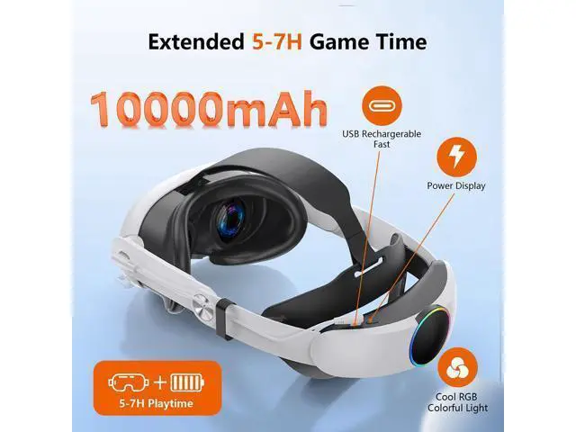 Alt view image 2 of 7 - Hitoor RGB VR Headset for O-cu-lus/Me-ta Quest 3/3S Head Strap with 10000mAh Battery, Rechargeable Elite Strap Extend 4-6H Playtime and Adjustable for VR Headset Compatible with Quest 3/3S Accessories