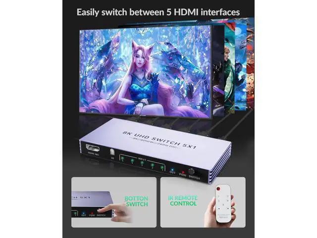Alt view image 6 of 7 - Hitoor 8K HDMI Splitter 4K 240Hz HDMI Switch 5 in 1 Out - 5 Port HDMI Switcher with Remote 8K@60Hz 4K@240Hz HDR10+ HDMI2.1 3D CEC HDR HDCP2.3, for PS5/4/3 Xbox DVD Player Nintendo Roku PC Fire Stick