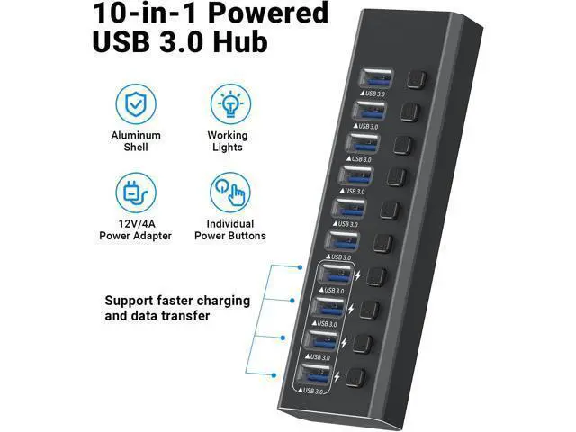 Alt view image 2 of 7 - Powered USB 3.0 Hub, 10-Port Powered USB Hub 3.0 with Individual Switch, Aluminum Alloy Fast Charging USB 3.0 Hub USB Expander Compatible with All USB Devices Laptops Desktops (12V 4A Power Adapter)