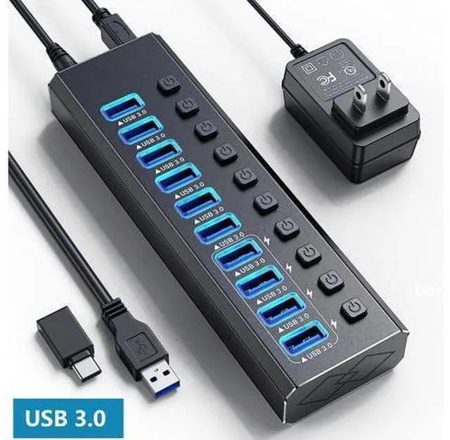 Main image of Powered USB 3.0 Hub, 10-Port Powered USB Hub 3.0 with Individual Switch, Aluminum Alloy Fast Charging USB 3.0 Hub USB Expander Compatible with All USB Devices Laptops Desktops (12V 4A Power Adapter)