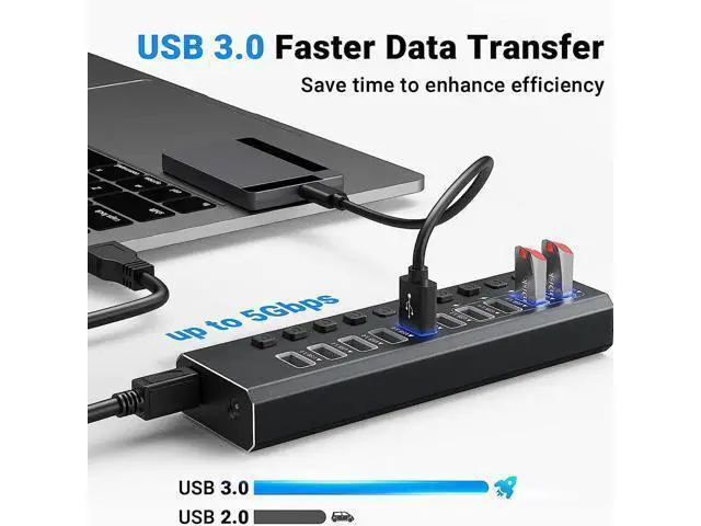 Alt view image 3 of 7 - Powered USB 3.0 Hub, 10-Port Powered USB Hub 3.0 with Individual Switch, Aluminum Alloy Fast Charging USB 3.0 Hub USB Expander Compatible with All USB Devices Laptops Desktops (12V 4A Power Adapter)