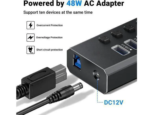 Alt view image 6 of 7 - Powered USB 3.0 Hub, 10-Port Powered USB Hub 3.0 with Individual Switch, Aluminum Alloy Fast Charging USB 3.0 Hub USB Expander Compatible with All USB Devices Laptops Desktops (12V 4A Power Adapter)