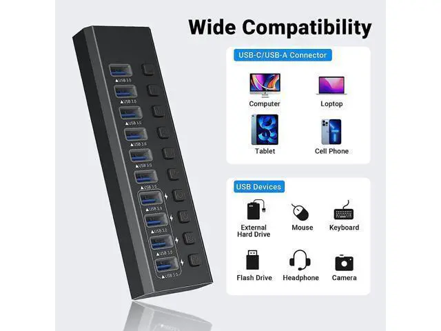 Alt view image 5 of 7 - Powered USB 3.0 Hub, 10-Port Powered USB Hub 3.0 with Individual Switch, Aluminum Alloy Fast Charging USB 3.0 Hub USB Expander Compatible with All USB Devices Laptops Desktops (12V 4A Power Adapter)