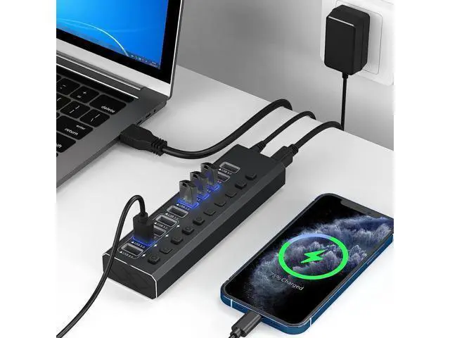 Alt view image 7 of 7 - Powered USB 3.0 Hub, 10-Port Powered USB Hub 3.0 with Individual Switch, Aluminum Alloy Fast Charging USB 3.0 Hub USB Expander Compatible with All USB Devices Laptops Desktops (12V 4A Power Adapter)