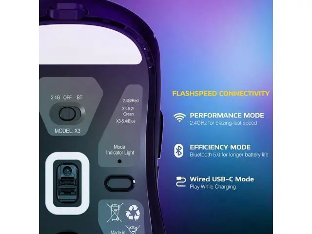 Alt view image 4 of 7 - Hitoor Wireless Gaming Mouse, 49g Ergonomic Computer Mouse, Triple Modes PAW3395 26K DPI Optical Sensor, 200h Battery Life, Programmable Buttons, Gaming Accessories for PC/Laptop/Mac (Black)