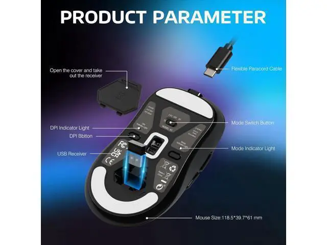 Alt view image 7 of 7 - Hitoor Wireless Gaming Mouse, 49g Ergonomic Computer Mouse, Triple Modes PAW3395 26K DPI Optical Sensor, 200h Battery Life, Programmable Buttons, Gaming Accessories for PC/Laptop/Mac (Black)