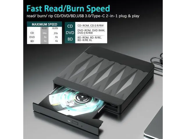 Alt view image 2 of 7 - Hitoor External Blu-Ray Drive, Blu Ray Burner USB 3.0 and Type-C External CD DVD Drive Compatible Read and Burner BD DVD CD Reader Rewriter Writer Disk Duplicator Compatible for Windows, Linux, MacOS