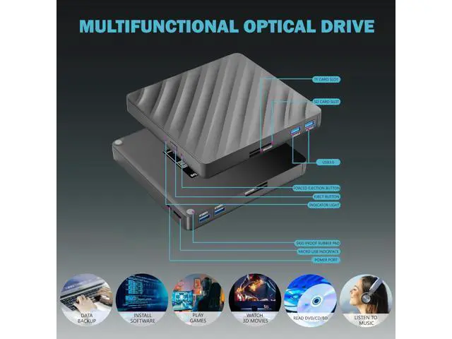 Alt view image 4 of 7 - Hitoor External Blu Ray Drive, 5 in 1 Portable Blu Ray Player with USB 3.0 Type-C, CD DVD Burner 3D Blu Ray with SD/TF Port, External Blu-Ray CD DVD Drive Compatible with Windows Mac Laptop Desktop PC