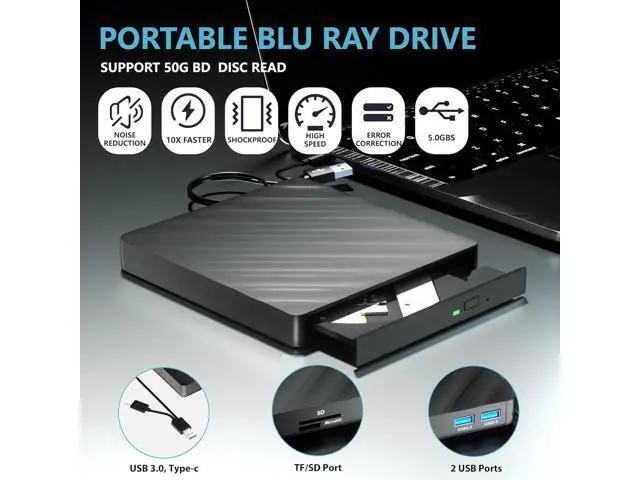 Alt view image 3 of 7 - Hitoor External Blu Ray Drive, 5 in 1 Portable Blu Ray Player with USB 3.0 Type-C, CD DVD Burner 3D Blu Ray with SD/TF Port, External Blu-Ray CD DVD Drive Compatible with Windows Mac Laptop Desktop PC