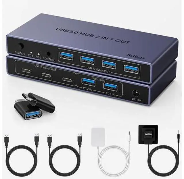 Main image of Hitoor 2-in 7-Out USB 3.0 Switch, USB Switcher for 2 Computers Share 7 USB Devices (4 USB-A + 3 USB-C), USB 3.0 Switches Sharing Keyboard Mouse Printer with USB-C Adapter, Controller, Power Adapter