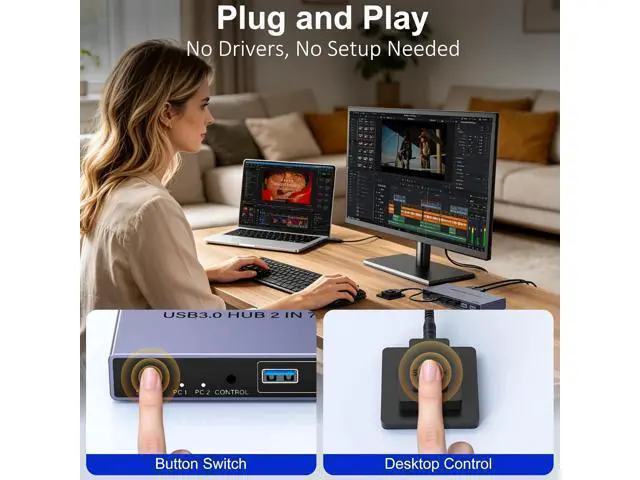 Alt view image 6 of 7 - Hitoor 2-in 7-Out USB 3.0 Switch, USB Switcher for 2 Computers Share 7 USB Devices (4 USB-A + 3 USB-C), USB 3.0 Switches Sharing Keyboard Mouse Printer with USB-C Adapter, Controller, Power Adapter