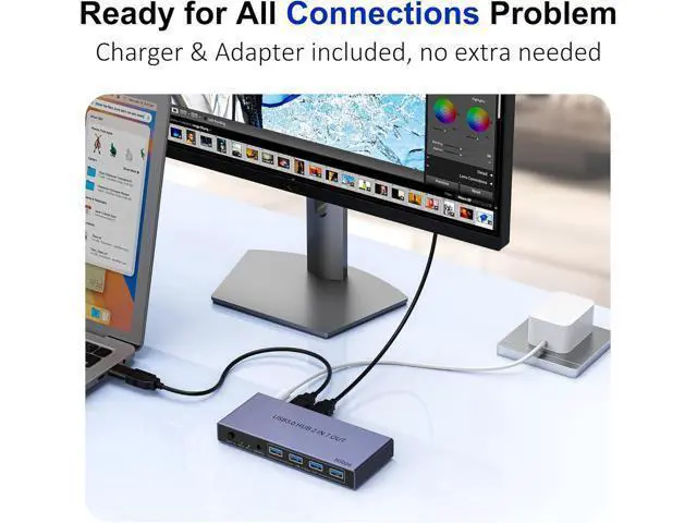 Alt view image 7 of 7 - Hitoor 2-in 7-Out USB 3.0 Switch, USB Switcher for 2 Computers Share 7 USB Devices (4 USB-A + 3 USB-C), USB 3.0 Switches Sharing Keyboard Mouse Printer with USB-C Adapter, Controller, Power Adapter