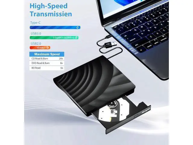 Alt view image 4 of 7 - External Blu Ray CD DVD Drive, USB 3.0 Type-C Portable 3D Bluray CD DVD Reader Slim Optical Bluray DVD Drive for Mac-Book Laptop Desktop PC Laptop Compatible with Mac OS Windows XP/7/8/10/11